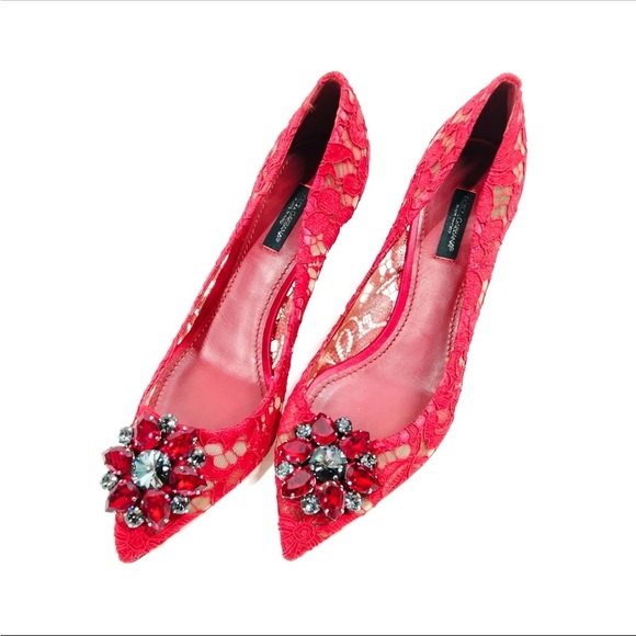Dolce and Gabbana Pumps in Taormina lace with crystals Red Lace Bellucci Crystal - Picture 1 of 15